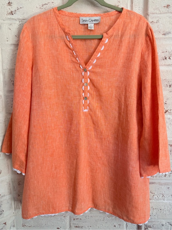 Sara Campbell Tops - Sara Campbell 100% Linen Tunic Top Orange White Trim Size L Made in USA